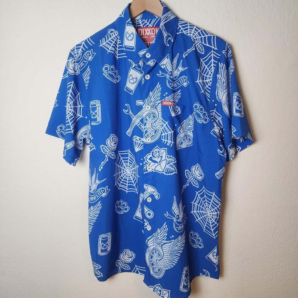 Dixxon Partyboy Shirt Mens Medium Blue Graphic Party Print D-Lite Button Up
